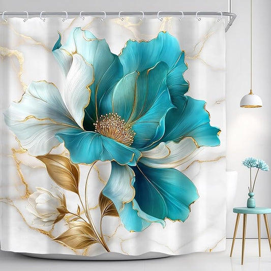Riyidecor Teal Gold Marble Floral Shower Curtain for Bathroom Decor 72Wx72H Turquoise Abstract Ombre Flower Luxury Modern Minimalist Art Printed Fabric Polyester Waterproof 12 Pack Plastic Hooks