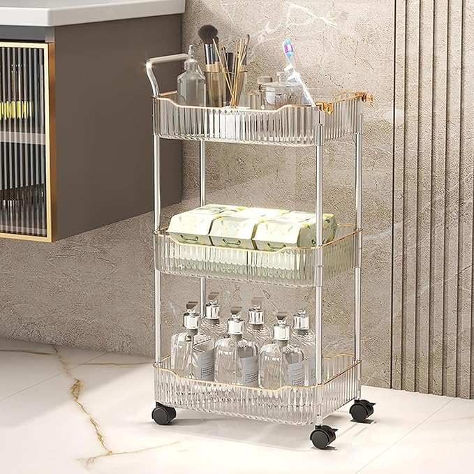Acrylic Storage Trolley, Laundry Room Organization Mobile Shelves Bathroom Kitchen Rolling Utility Cart with Handle and Lockable Wheel(Clear,14.1x10.2x27.1inch)