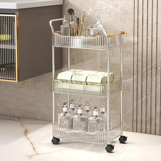 Acrylic Storage Trolley, Laundry Room Organization Mobile Shelves Bathroom Kitchen Rolling Utility Cart with Handle and Lockable Wheel(Clear,14.1x10.2x27.1inch)