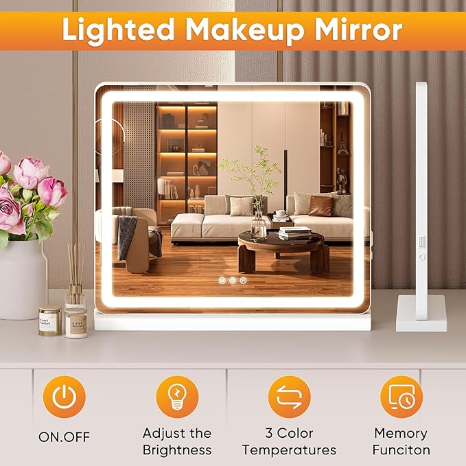 OLIXIS 19"x22" Lighted Vanity Mirror with Lights, Dimmable 3 Color Modes Makeup Mirror with Memory Function, USB Charging, Aluminum Frame, Lighted Mirror for Desk or Bedroom