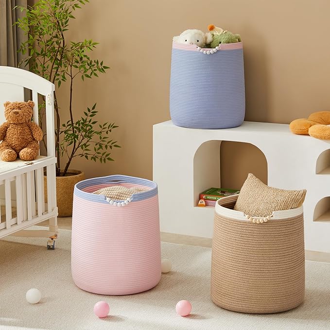 65L Woven Jute Laundry Hamper Basket for Clothes Boho Wicker Rope Baskets for Blanket in Living Room Bedroom Baby Nursery Hamper Bin for Kids 16"Wide 19"Tall
