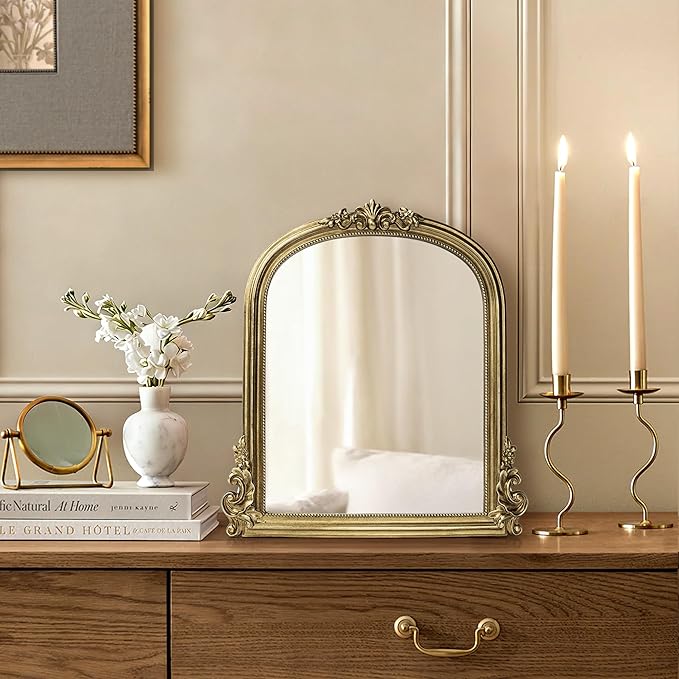 AELS 11.7"x10.8" Antique Gold Makeup Mirror, Vintage Arendahl Tabletop Vanity Mirror with Stand, Small Arched Mirror Wall Decor for Living Room Bedroom, Ornate Baroque Mirrors Luxury Home Decor