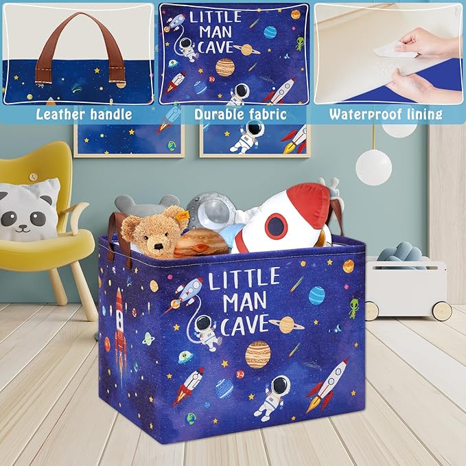 Astronaut Nursery Basket Laundry Hamper,Space Storage Basket with Inspirational Quotes, Planets Boy Room Decor Toy Box, Rectangular Rockets Clothes Book Toy Storage Bin (Blue)