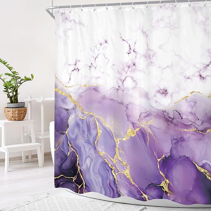 Cinbloo Purple Marble 60Wx72H Shower Curtain Abstract Lilac Gold Cracked Lines Modern Ombre Minimalist Simple Contemporary Luxury Bathroom Curtain Set Aesthetic Bath Bathroom Accessories Decor