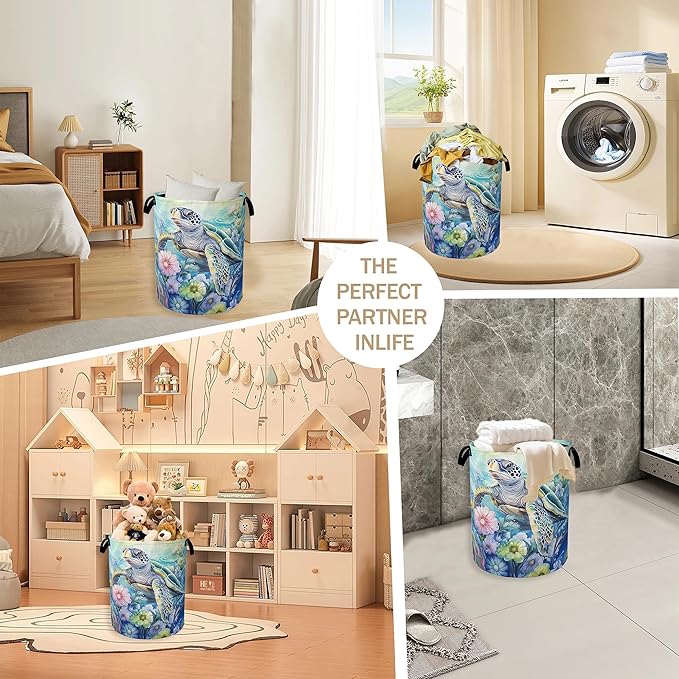 Sea Turtle Laundry Hamper,Ocean Flower Coral Clothes Hamper for Laundry,Waterproof Oxford Toy Storage Collapsible Hampers for Bedroom, Dorm Room,Bathroom,16x20 Inch