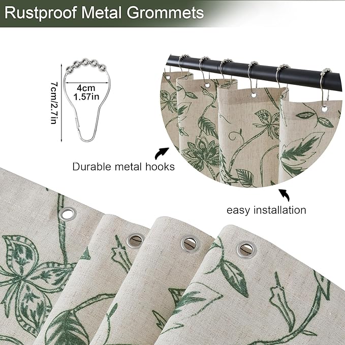 ORTIGIA Linen Shower Curtain Farmhouse Vintage Green Floral Shower Curtains Boho Rustic Cottagecore Curtains for Bathroom Decoration 72 W x 72 L