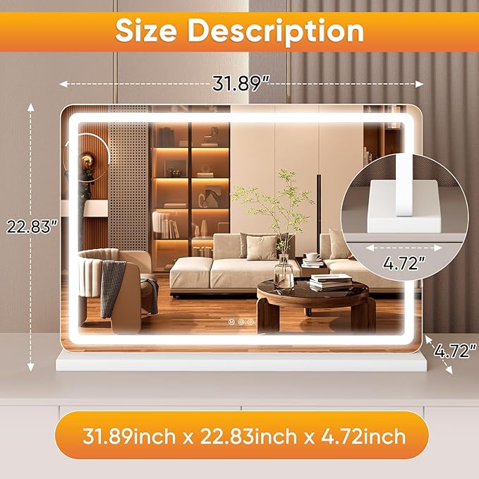 NEWBULIG 23"x32" LED Vanity Mirror with Lights, Lighted Tabletop Makeup Mirror, Touch Control Dimmable Brightness, 3 Color Lighting Modes