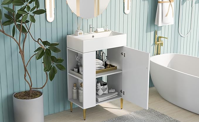 Virubi 21.6 in Small Bathroom Vanity with Sink,Doors and Storage Shelves,Wood Modern Single Fluted Bathroom Sink Cabinet Freestanding (White,Left Shelf)