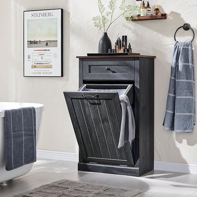 IFBUY Tilt Out Laundry Hamper Cabinet, 10 Gallon Farmhouse Trash Can Cabinet with Drawer, Hidden Wood Garbage Can Bin Cabinet with Laundry Storage Basket for Bathroom, Kitchen, Dark Grey