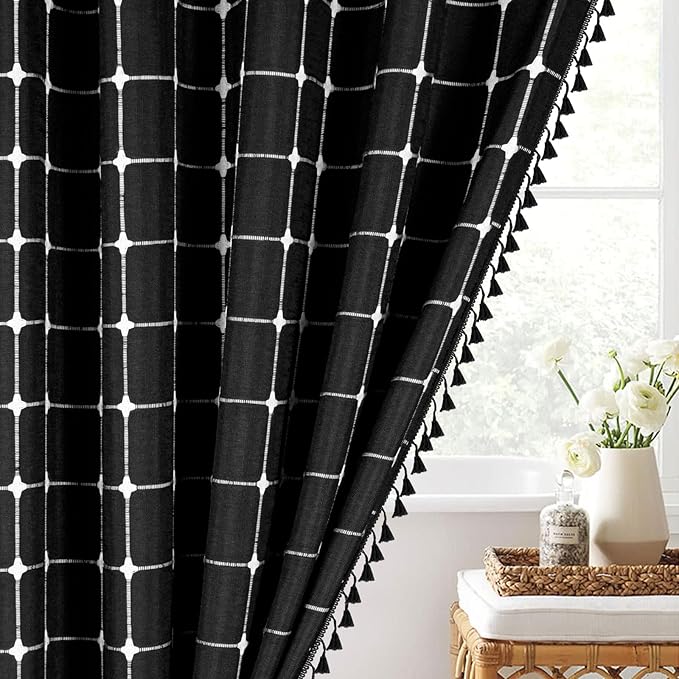 MitoVilla Black Boho Extra Long Shower Curtain 72 x 84, Modern Farmhouse 84 inch XL Polyester Linen Texture Tassel Fabric Shower Curtain Set with Hooks for Cottagecore Country Bathroom Decor