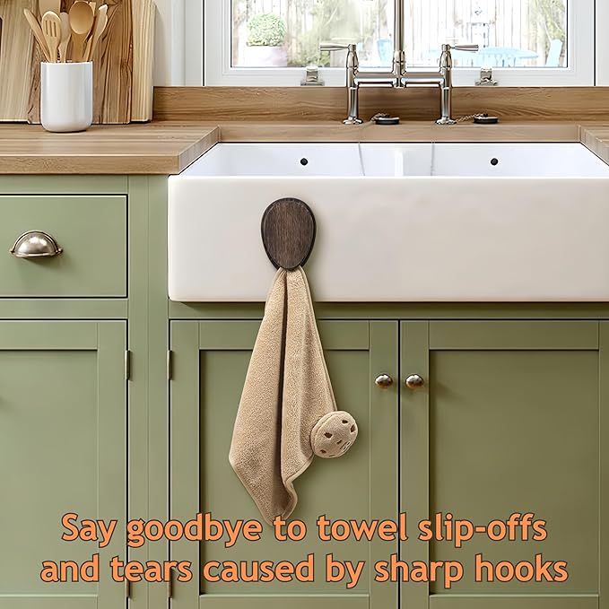 Besuerte Magic Marble Wood Towel Holder - Set of 2 Kitchen Hand Towel Holder Adhesive - Wall Mount Wood Towel Rack - Bathroom Hooks, Quick Drying, Nut Brown