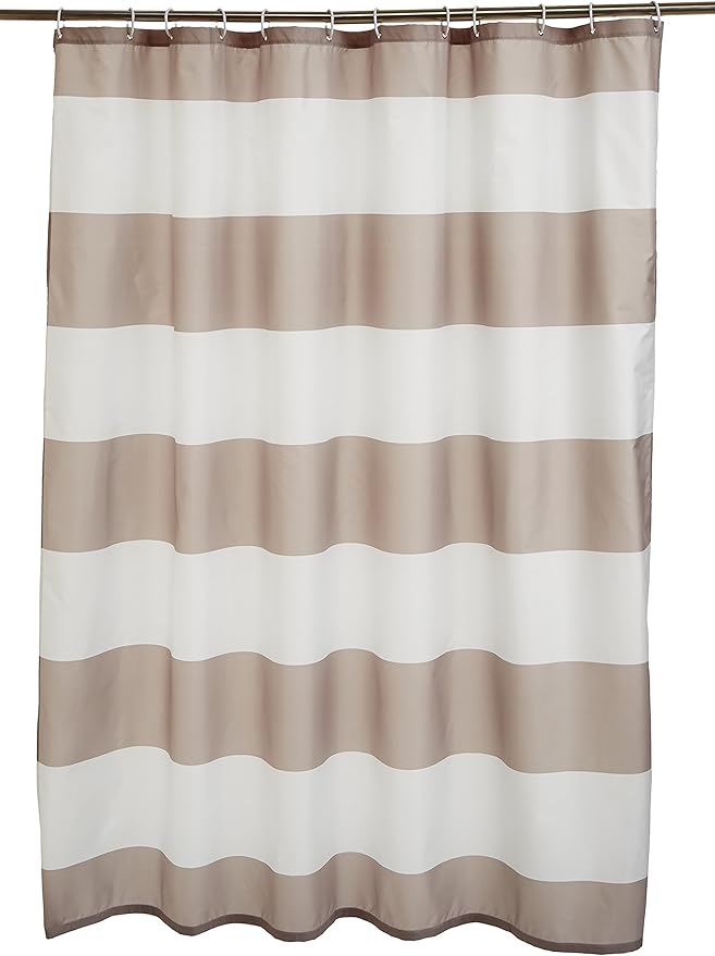 Amazon Basics Bathroom Shower Curtain, Water Resistant Fabric with Rust Proof Grommets & Hooks, Weighted Hem, Machine Washable, 72"x72", Light Brown, Beige