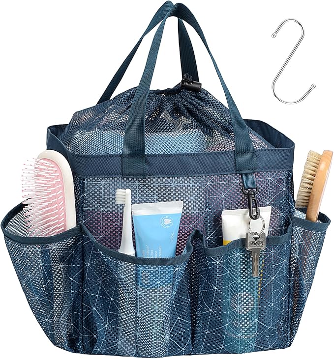 F-color Mesh Shower Caddy Portable with Drawstring - Upgrade Deeper 7 Pockets Dorm Room Essentials for Guys Girls with S Hook, Shower Bag Basket Tote for College Camping Gym Bathroom, Starlight Navy