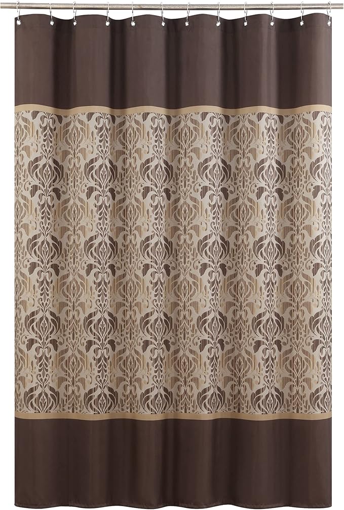 Sterling Farmhouse Brown Waterproof Polyester Fabric Chocolate Vintage Printed Long Shower Curtain,Damask Stripes Bathroom Curtains,72" W x Extra 78" L