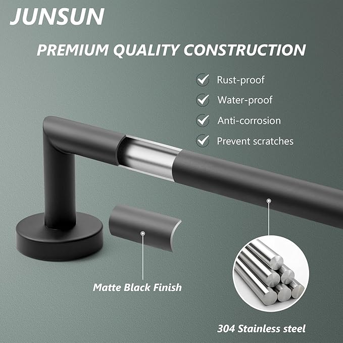 JunSun Bathroom Towel Bar 12 Inch Matte Black Towel Racks Wall Mounted Bath Hand Towel Holder Modern Home Decor Towel Rods Bathroom Hardware Stainless Steel Towel Hangers Towel Rail Single Towel Bars