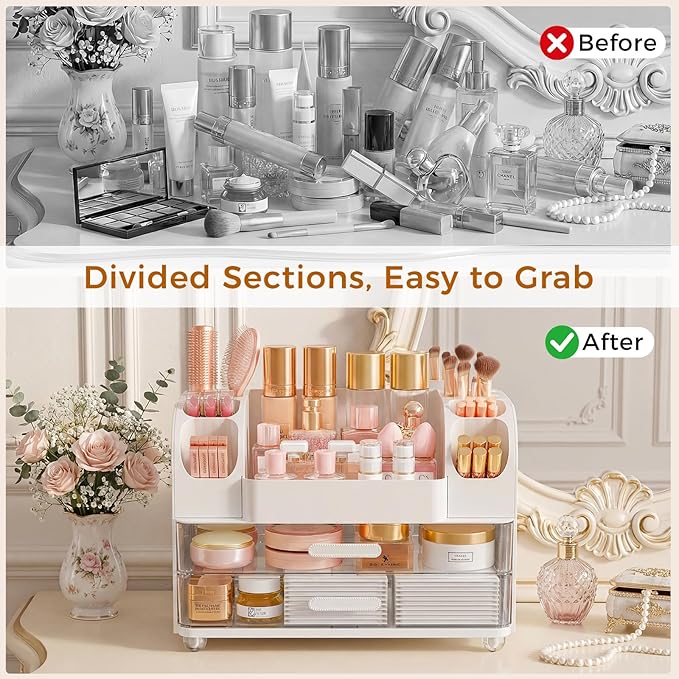 Makeup Organizer for Vanity with Brush Holder, Large Bathroom Countertop Organizer & Skincare Storage | Perfume, Cosmetics Display Case with Drawers (White)