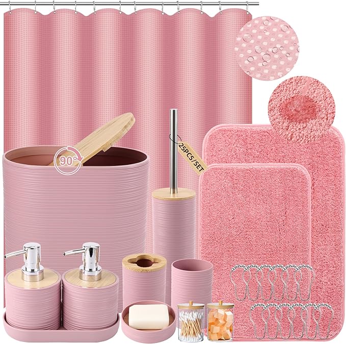 XLHOMO Bathroom Set - Pink Bathroom Accessories Set, Bathroom Sets with Shower Curtain and Rugs, 25PC Shower Curtain Set with Hooks, Soap Dispenser, Soap Dish, Toilet Brush Holder and Trash Can