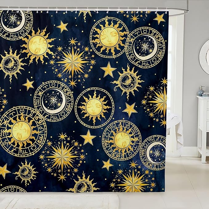 Feelyou Boho Moon and Sun Shower Curtain Bohemian Galaxy Constellation Fabric Shower Curtains for Bathroom Kids Exotic Stars Blue Golden Bath Curtain Decorative Bathroom Accessories 72 X 72 Inches