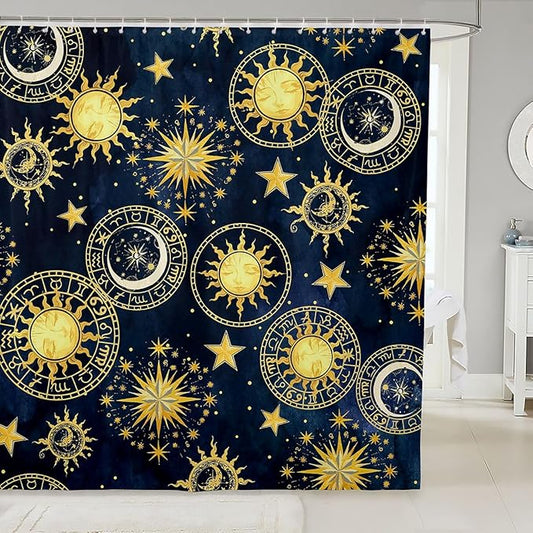 Feelyou Boho Moon and Sun Shower Curtain Bohemian Galaxy Constellation Fabric Shower Curtains for Bathroom Kids Exotic Stars Blue Golden Bath Curtain Decorative Bathroom Accessories 72 X 84 Inches