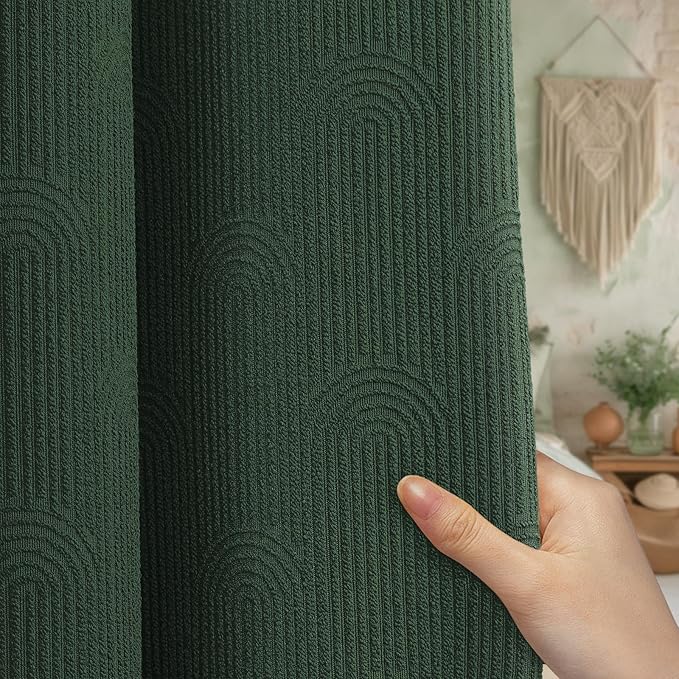 Dark Green Shower Curtain Boho Cotton Texture Mid Century Minimalist Arch Shower Curtain for Bathroom,72" W X 78" L