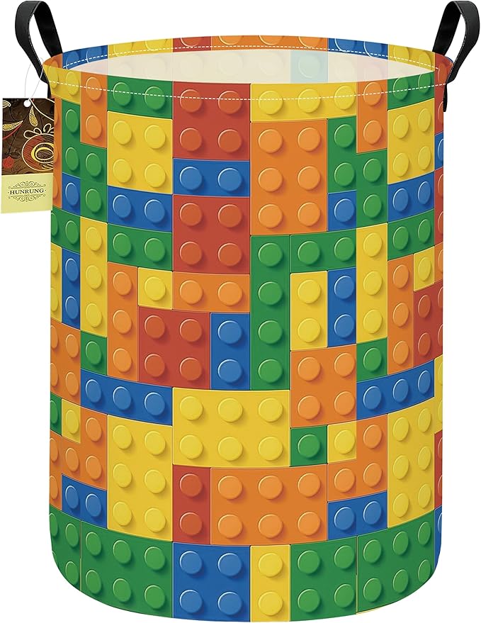 HUNRUNG Laundry Hamper,Large Canvas Fabric Lightweight Storage Basket Toy Organizer Dirty Clothes Collapsible Waterproof for College Dorms???Round-Colorful Blocks???