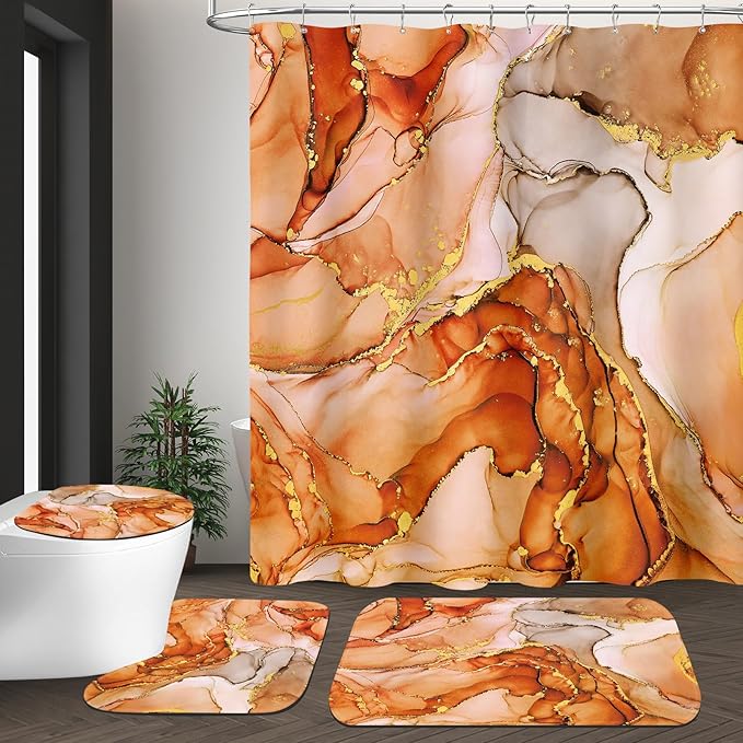 4PCS Burnt Orange Marble Shower Curtain Sets with Rugs, Abstract Bathroom Sets with Shower Curtain Rugs, Luxury Bathroom Curtains Shower Set with Toilet Lid Cover Modern for Bathroom Decor