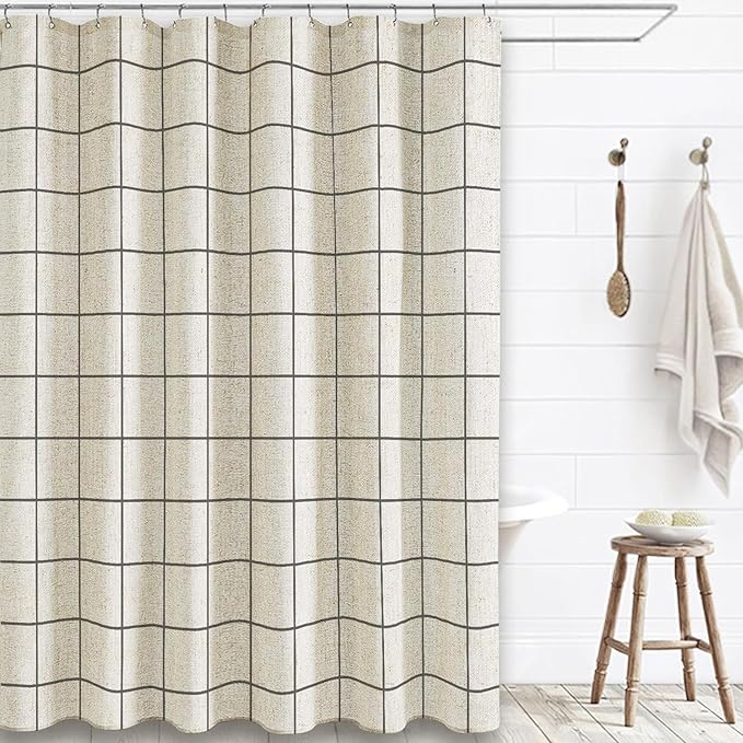 Farmhouse Plaid Shower Curtain Beige Linen Shower Curtains for Bathroom Natural Gray Pattern 72 x 72 Inch
