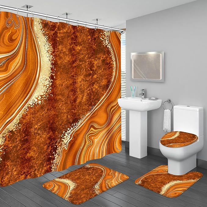4PCS Orange Marble Shower Curtain Sets with Rugs, Abstract Bathroom Sets with Shower Curtain and Rugs, Modern Bathroom Curtains Shower Set with Toilet Lid Cover Accessories for Bathroom Decor