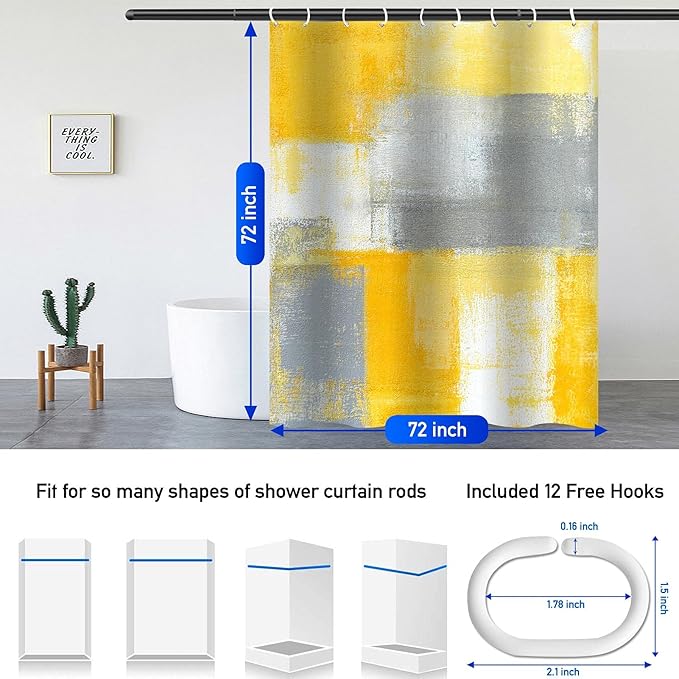 Lnond 4Pcs Yllow Bathroom Shower Curtain Sets with Rugs, Yellow Grey Abstract Painting Bathroom Sets with Shower Curtain and Rugs and Accessories