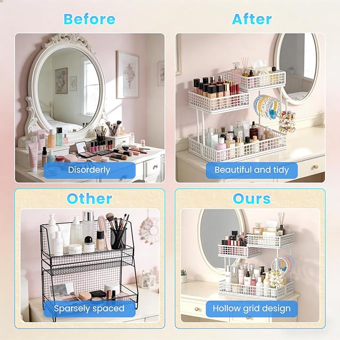 Makeup Organizer Countertop for Vanity, 3 Tier Metal Bathroom Countertop Organizers Skincare Storage Holder Perfume Cosmetic Display, Multi-Use Storage Rack for Bathroom, Kitchen & Bedroom (White)