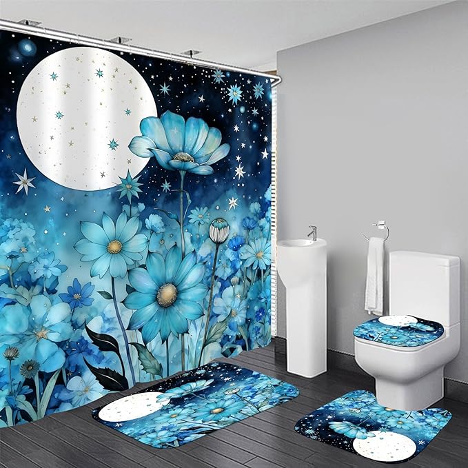 AZHM Blue Moonlit Floral Shower Curtain Set 4 PCS Starry Night Botanical Bathroom Decor Set with Non-Slip Rugs, Toilet Lid Cover and Bath Mat