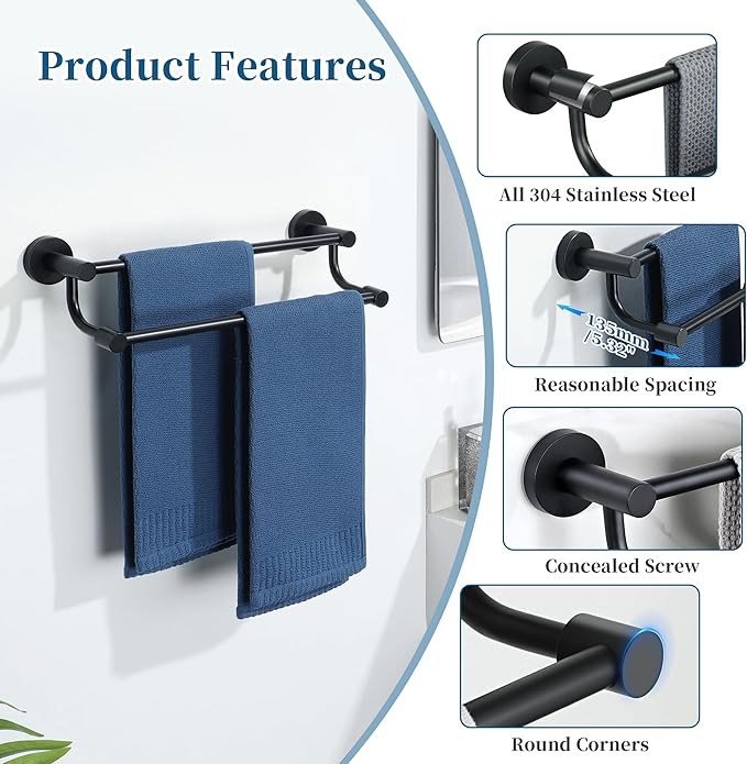 Alise Double Towel Bars,16 Inch Towel Rack for Bathroom, Wall Mount Towel Holder, Quick Drying Towel Hanger SUS304 Stainless Steel Towel Rail, Matte Black, GOY4400-B