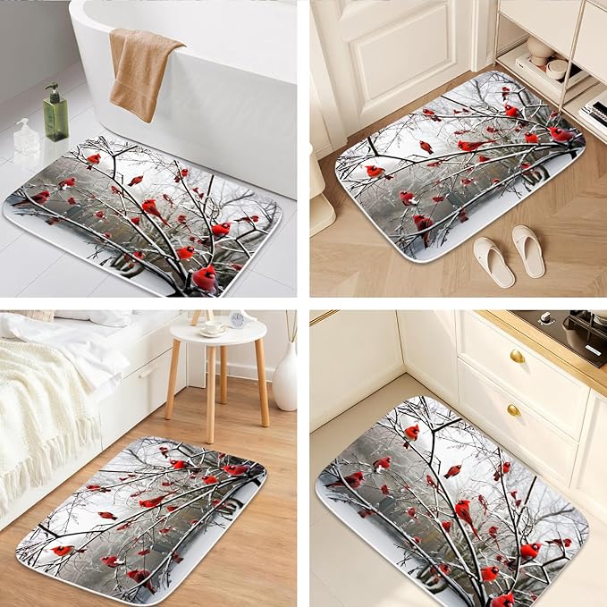 Funny Cardinal Birds on Branch Coral Velvet Bathroom Rugs and Mats Sets 3 Piece, Memory Foam Bath Mat, U-Shaped Contour Shower Mat Non Slip Absorbent, Velvet Washable 20 x 31 inch