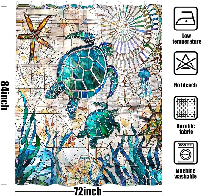 Accnicc Nautical Sea Turtle Shower Curtain Teal Blue Stained Glass Ocean Theme Coastal Shower Curtains for Bathroom Extra Long Vintage Map Beach Waterproof Fabric Bath Curtain Decor 72x84 Inches