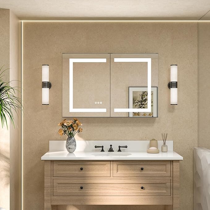 TETOTE LED Lighted Bathroom Medicine Cabinet Mirror with Lights 36 x 24 Recessed or Wall Mounted Cabinet with 2 Door, Tempered Glass, Outlets & USB, 3-Color Stepless Dimming, Defog, Adjustable Shelf