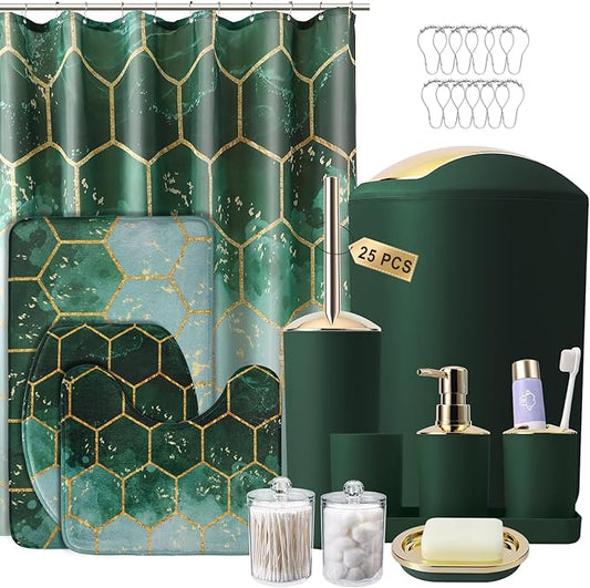 25 Pieces Bathroom Set Green and Gold Bathroom Accessories Set, Shower Curtain and Rugs, Trash Can, Toilet Brush, Soap Dispenser, Soap Dish, Toothbrush Holder, Tumbler, Tray, Qtip Holder