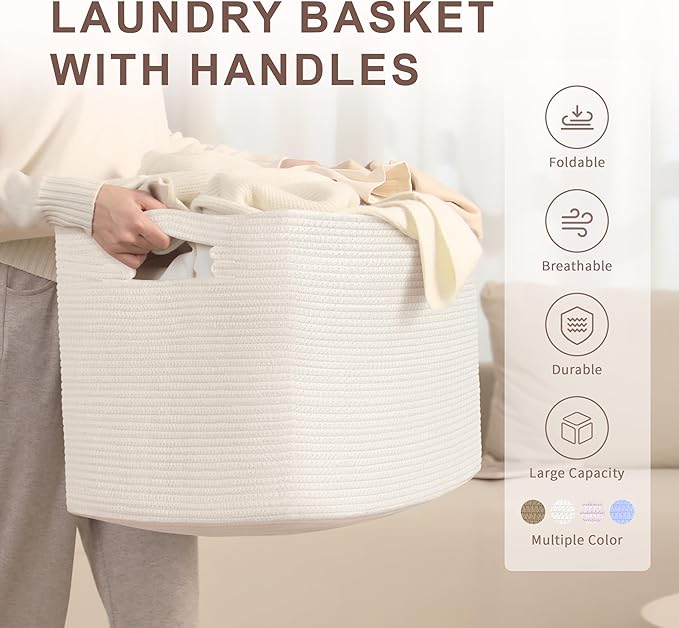 100L Extra Large Baby Girls Laundry Basket for Nursery Storage,Cute Woven cotton Rope Baskets for Kids Toy，Gifts, Boho Square Wicker Blanket hamper for Living Room,Bedroom Dirty Clothes, White