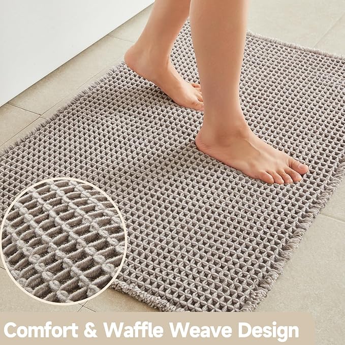 Waffle Runner Rug Bathroom, Long Boho Bathroom Rugs Non Slip Washable Super Absorbent Quick Dry Farmhouse Bath Decor, 60"x24" Light Grey
