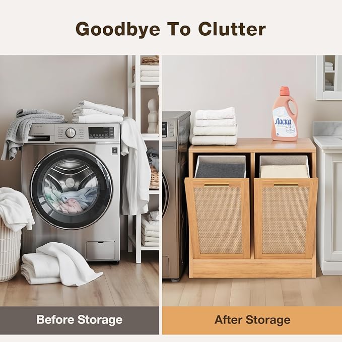 Laundry Cabinet, Bathroom Cabinet with with Breathable Real Rattan Design, Clothes Storge Basket with 2 Removable Laundry Baskets, Bathroom Storage Unit, Anti-tip, 66 x 39,5 x 68 cm, Naturel