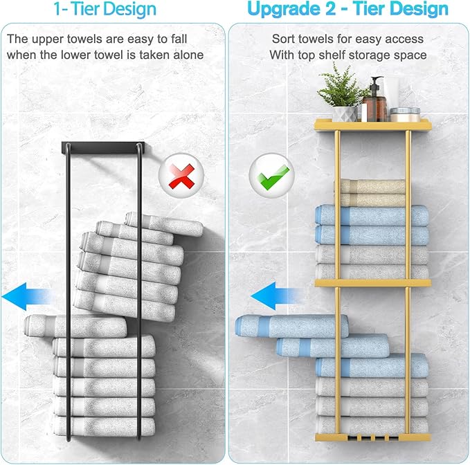 Liuoud Towel Rack for Bathroom, Wall Mounted Vertical Rolled Towel Storage Organizer Holder with Shelf, Holds Up 6 Large Bath Sheets, Gold Large Size