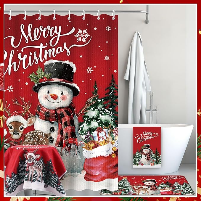 Nuanchu 6 Pcs Christmas Shower Curtain Set with Rug Bathroom Sets with Shower Curtain Bath Mat U Shaped Mat Toilet Lid Cover 2 Bath Towels and 12 Hooks Red Christmas Snowman Bathroom Decor