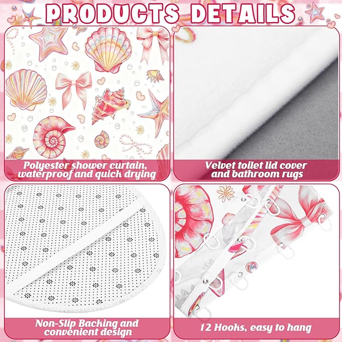 Tatuo 8 Pcs Beach Shower Curtain Set Blue Bow Ocean Summer Beach Party Bathroom Accessories Sets Coquette Starfish Coastal Waterproof Shower Curtain with Towels Carpet Bath Mat Toilet Rugs 12 Hooks