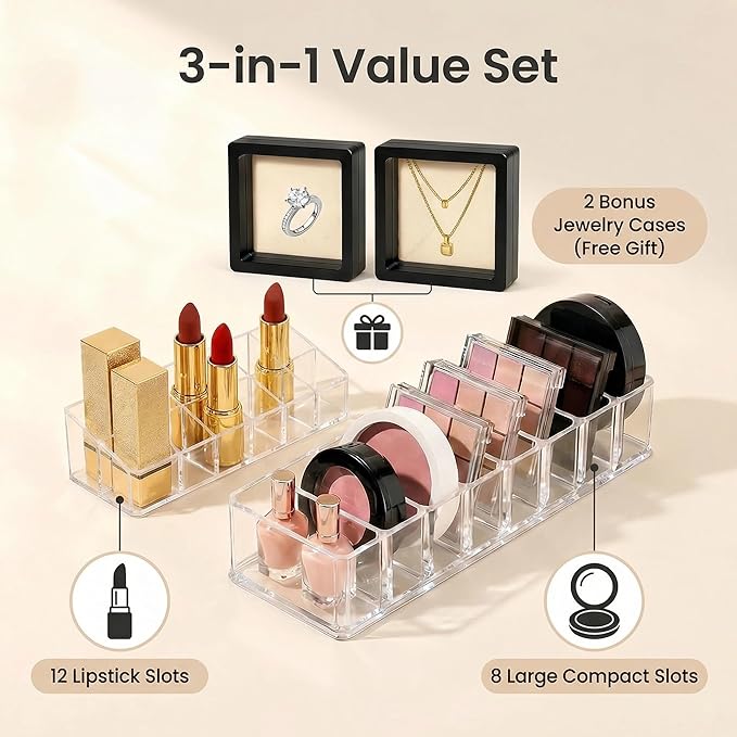 Clear Acrylic Makeup Organizer Set, 12 Spaces Lipstick Lipgloss Holder & 8 Slots Compact Eyeshadow Powder Blush Highlighter Organizer