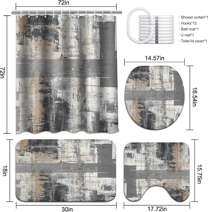 Lnond 4Pcs Bathroom Shower Curtain Sets with Rugs,Black and Grey Painting Art Bathroom Sets with Shower Curtain and Rugs and Accessories