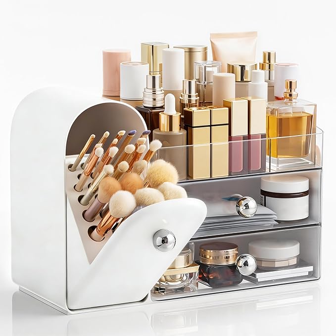 HBlife Makeup Organizer Countertop with Drawers, Vanity Organizers with Brush Holder, Bathroom Counter Organizer for Perfume, Nail Polishes, Lipsticks, Skincare and Eyeshadow Palettes