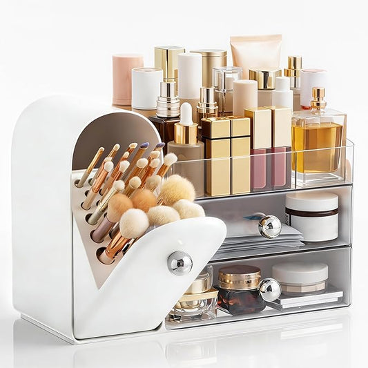 HBlife Makeup Organizer Countertop with Drawers, Vanity Organizers with Brush Holder, Bathroom Counter Organizer for Perfume, Nail Polishes, Lipsticks, Skincare and Eyeshadow Palettes