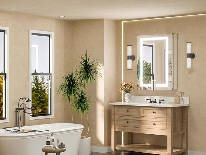 TETOTE 24 x 32 LED Lighted Medicine Cabinet with Lights & Outlets & USB, Recessed or Surface Mount Medicine Cabinet Mirror for Bathroom with Storage, Tempered Glass, 3-Color Dimming, Adjustable Shelf