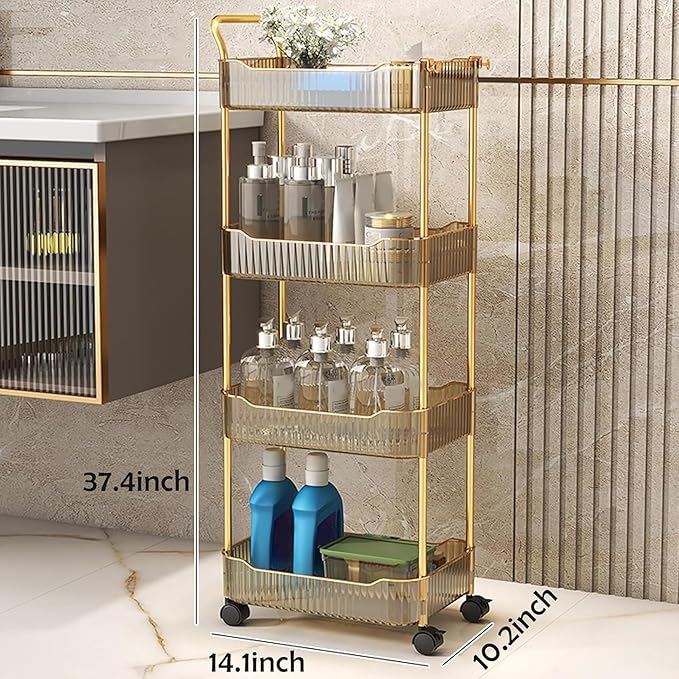 Acrylic Storage Trolley, Laundry Room Organization Mobile Shelves Bathroom Kitchen Rolling Utility Cart with Handle and Lockable Wheel(Gold,14.1x10.2x37.4inch)