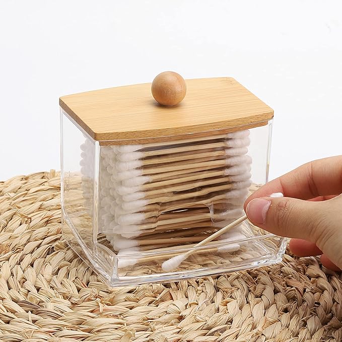 Tbestmax 10oz Qtip Holder Dispenser with Bamboo Lids, Big Clear Bathroom Organizer Accessories Decor for Storage-Qtips Cotton Ball Holder Apothecary Jars, Cotton Swabs, Floss Container