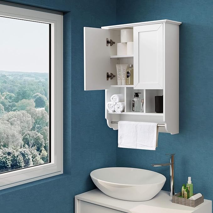 White Bathroom Wall Cabinet with Towel Bar,Wooden Medicine Cabinet Adjustable Shelves,23x32 Inch Kitchen Cabinet,Over Toilet Storage Cabinet for Bathroom,Kitchen,Laundry
